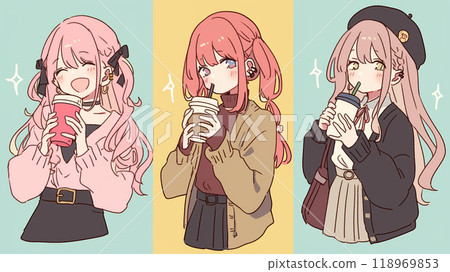 一群女孩喝著動漫風格的時尚飲料 118969853