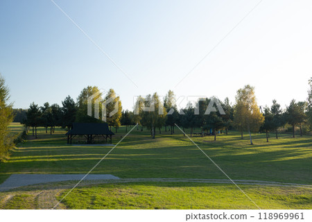 Beautiful autumn park scene with green foliage and falling leaves. Park in fall with lush green grass and seasonal foliage. Autumn fall park. Banner for design. 118969961