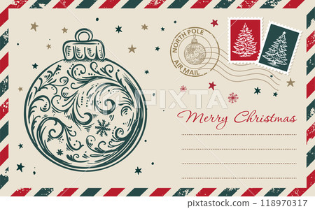 Christmas mail with toy, postcard, hand drawn illustration. Christmas mail with toy, postcard, hand drawn illustration. 118970317