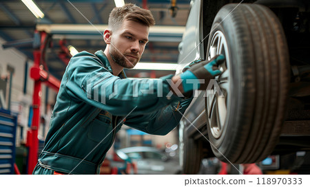 Automotive technician in uniform is inspecting tyres on customer vehicle in automobile workshop. Maintenance on vehicle wheels. Car auto repair shop. 118970333