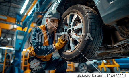 Car mechanic in uniform replacement tyres on customer motor vehicle in automobile workshop. Car repair service center. Support car insurance service. 118970334