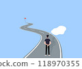 Confused businessman is thinking and aiming at future target flag. Thinking and planning, Finding purpose, Objective and motivation, Business target concept. 118970355