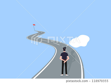 Confused businessman is thinking and aiming at future target flag. Thinking and planning, Finding purpose, Objective and motivation, Business target concept. 118970355