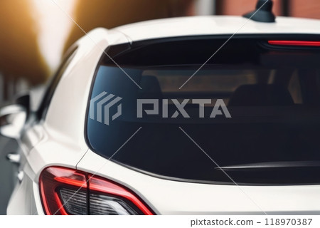 Back window of a white car parked on the street. Mock-up for sticker 118970387