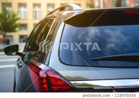 Back window of a car parked on the street. Mock-up for sticker or decals 118970388