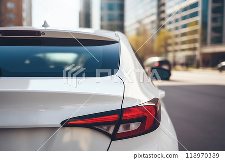 Rear glass and tail lights of a white car parked on the street 118970389