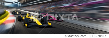 Three Formula 1 cars racing on a track, with a yellow car in the lead. Blurred background showing high speed 118970414