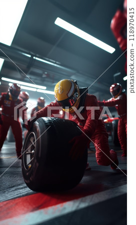 Pit crew members, dressed in red, hustle to replace the tires of a Formula 1 car with precision and speed 118970415