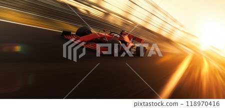 Red Formula 1 car racing at high speed on a racetrack at sunset, leaving a trail of motion blur behind it. 118970416