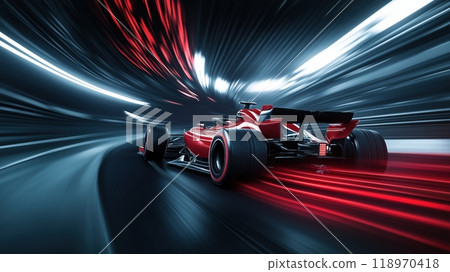 Red Formula 1 car racing through futuristic tunnel, leaving behind streaks of light as it speeds towards the exit. Red Formula 1 car racing through futuristic tunnel, leaving behind streaks of light as it speeds towards the exit. 118970418