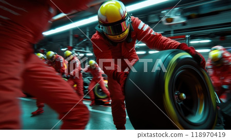 Pit crew members, dressed in red, hustle to replace the tires of a Formula 1 car with precision and speed 118970419