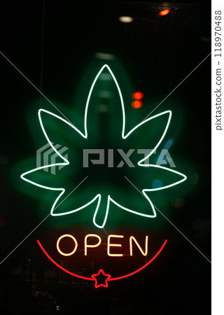Cannabis leaf with the word Open - Neon light Cannabis leaf with the word Open - Neon light 118970488
