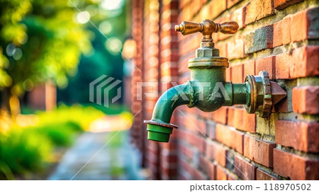 Close-up of an outdoor water tap on the side wall, green and old metal faucet 118970502