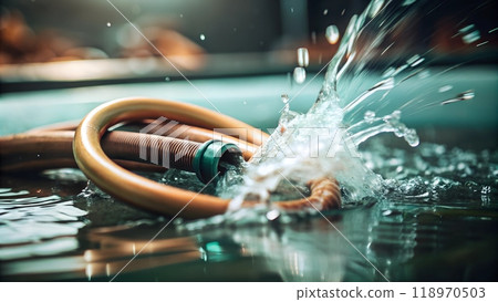 A garden hose spraying water on a wet surface in sunlight. 118970503