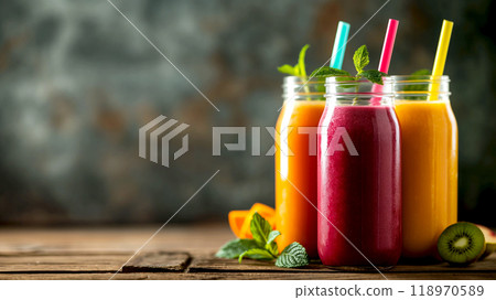 Fresh colorful detox vegan juice smoothie fruits and vegetables with blurred background. Fresh colorful detox vegan juice smoothie fruits and vegetables with blurred background. 118970589