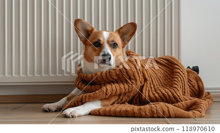 Welsh Corgi Dog wrapped in a knitted blanket Resting By Radiator. Heating Season, Comfort for Pets 118970610