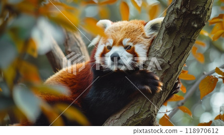 Adorable red panda sitting on a tree branch, surrounded by autumn leaves in forest, natural habitat 118970612