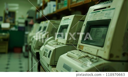 Row of vintage medical devices with small screens. Old technology in healthcare, outdated equipment 118970663