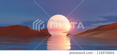 3d render illustration The sky is a mix of orange and blue hues, creating a serene 118970668