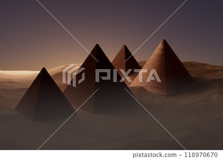 3d render illustration A group of pyramids are shown in a desert setting 118970670