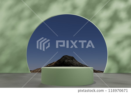 3d render illustration A mountain is in the background of a green room with a large circular window 118970671