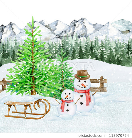 Winter landscape with conifer forest, couple of funny snowman. Snowy countryside with a mountain range in the background, nature painted illustration, peaceful winter design 118970754