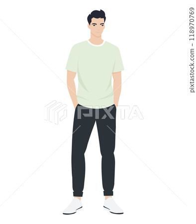 Vector illustration of a man in a light green T-shirt and black pants Vector illustration of a man in a light green T-shirt and black pants 118970769