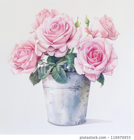 Soft pink roses bloom gracefully in a rustic metal bucket, capturing the essence of nature's elegance. This watercolor painting highlights the delicate details of each petal Soft pink roses bloom gracefully in a rustic metal bucket, capturing the essence of nature's elegance. This watercolor painting highlights the delicate details of each petal 118970855