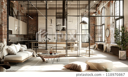 This collage highlights a stylish open-plan interior featuring industrial design elements, cozy seating, and large windows that bring in ample natural light, creating an inviting atmosphere This collage highlights a stylish open-plan interior featuring industrial design elements, cozy seating, and large windows that bring in ample natural light, creating an inviting atmosphere 118970867