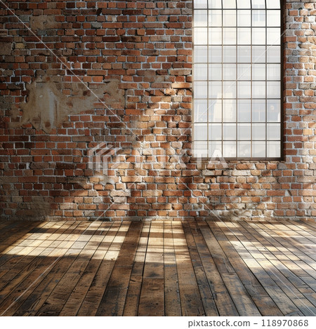 Bright natural light fills the brick loft, highlighting the warm wooden floors and textured wall. The large window offers a view outside, creating an inviting atmosphere Bright natural light fills the brick loft, highlighting the warm wooden floors and textured wall. The large window offers a view outside, creating an inviting atmosphere 118970868