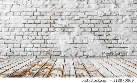 The interior displays a rustic style with a white brick wall and a weathered wooden floor, creating a warm and inviting atmosphere perfect for various uses 118970869