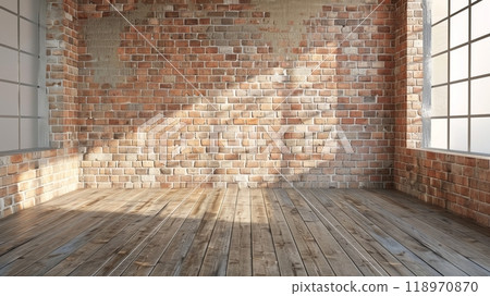 This spacious loft showcases a stunning brick wall adorned with natural textures, complemented by warm wooden flooring. Sunlight pours through large windows, enhancing the inviting atmosphere 118970870