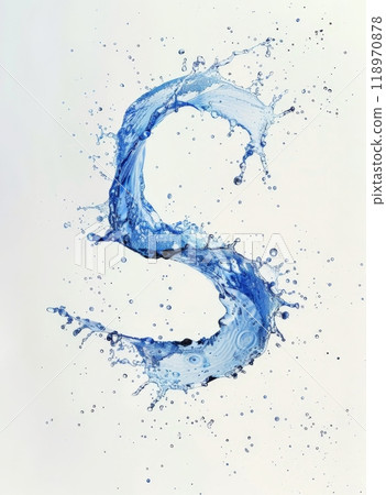 Water splashes beautifully into the shape of an S, with droplets creating a vibrant display of blue. The white backdrop enhances the fluid motion and clarity of the splash Water splashes beautifully into the shape of an S, with droplets creating a vibrant display of blue. The white backdrop enhances the fluid motion and clarity of the splash 118970878