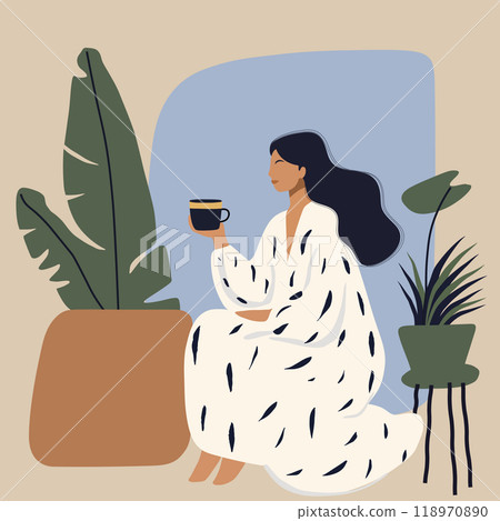 Beautiful woman in a bathrobe enjoys a cup of tea or coffee at home. Wellness and stress release concept, modern vector illustration Beautiful woman in a bathrobe enjoys a cup of tea or coffee at home. Wellness and stress release concept, modern vector illustration 118970890