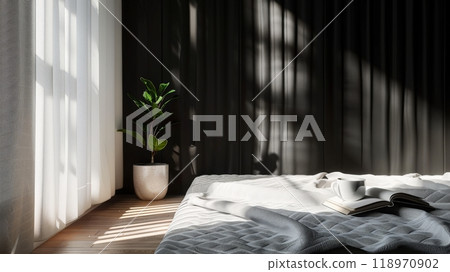 This minimalist bedroom highlights a cozy bed draped in soft bedding, a small plant nearby, and gentle sunlight streaming through sheer curtains, creating a calm atmosphere 118970902