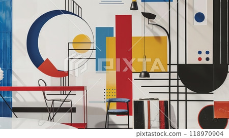 This collage moodboard features vibrant Bauhaus designs with geometric shapes and primary colors. It highlights creative arrangements in a modern artistic environment 118970904