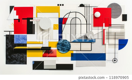 This creative moodboard features an array of geometric shapes and bright colors, embodying the Bauhaus design philosophy through a mix of materials and patterns 118970905
