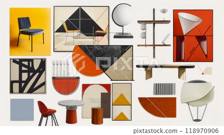 A vibrant collage of Bauhaus design elements featuring geometric shapes, bold colors, and various iconic furniture pieces, promoting harmony between art and function 118970906