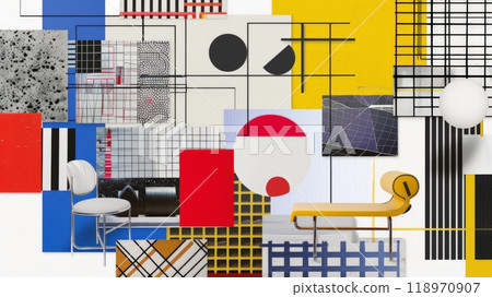 This collage moodboard showcases a vibrant mix of Bauhaus design elements, highlighting geometric patterns, bold colors, and iconic furniture pieces. It reflects the essence of modernist aesthetics 118970907