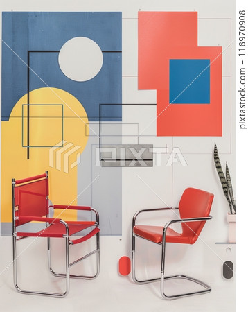 A vibrant collage moodboard showcases Bauhaus design elements with geometric shapes in primary colors and modern red chairs against a minimalist backdrop 118970908