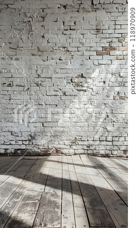 This spacious interior features a rustic brick loft wall bathed in natural light, complemented by a wooden floor. The inviting atmosphere is ideal for creative endeavors 118970909