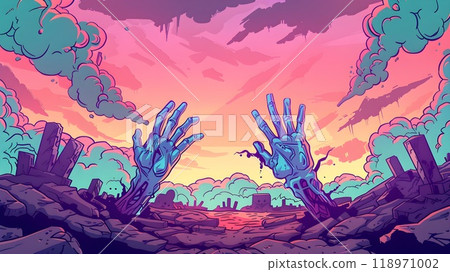 Halloween Graveyard Scene with Zombie Hands Rising from the Ground in Fog Bold Comic Book Style with Exaggerated Features and Sharp Lines Halloween Graveyard Scene with Zombie Hands Rising from the Ground in Fog Bold Comic Book Style with Exaggerated Features and Sharp Lines 118971002