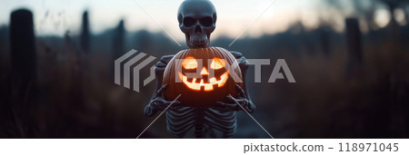 A skeleton holding a Haloween pumpkin. Halloween horror poster 118971045