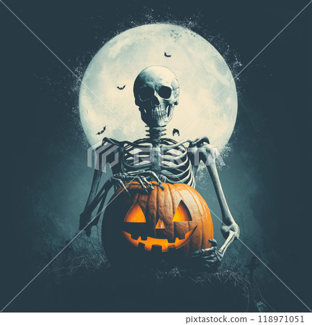 A skeleton holding a Haloween pumpkin. Halloween horror poster 118971051