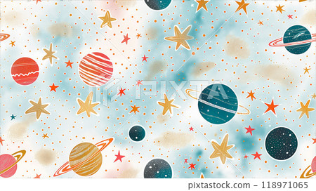 Cute seamless pattern with planets and stars for kids. Cosmic elements pattern 118971065