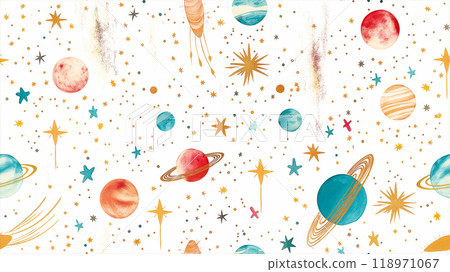 Cute seamless pattern with planets and stars for kids. Cosmic elements pattern 118971067