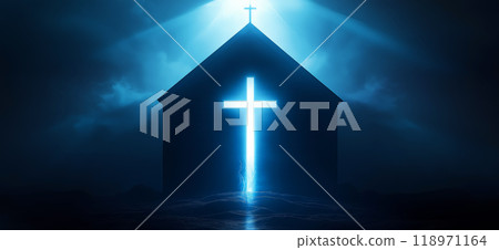 Religious background. A Churche with cross and light coming from behind. Christianity concept 118971164