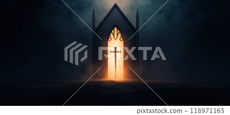 Religious background. A Churche with cross and light coming from behind. Christianity concept Religious background. A Churche with cross and light coming from behind. Christianity concept 118971165