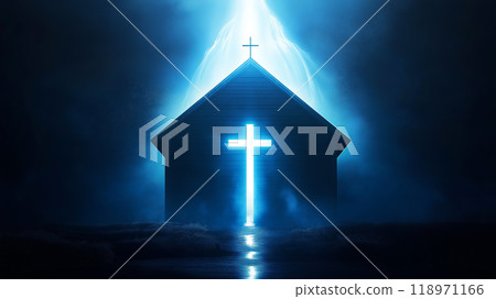 Religious background. A Churche with cross and light coming from behind. Christianity concept 118971166