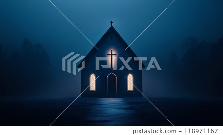 Religious background. A Churche with cross and light coming from behind. Christianity concept 118971167